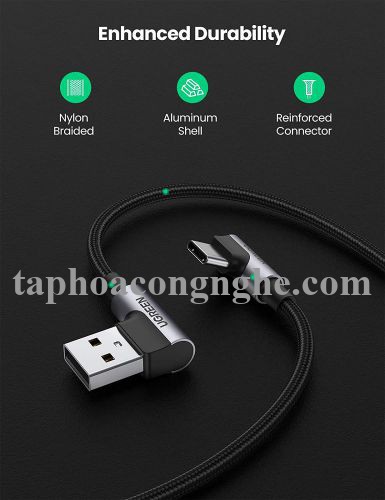 Ugreen 20855 0.5M 2 đầu bẻ góc 90 độ cáp usb type C ra A mạ Nickel đầu bọc nhôm chống nhiễu US176 30020855